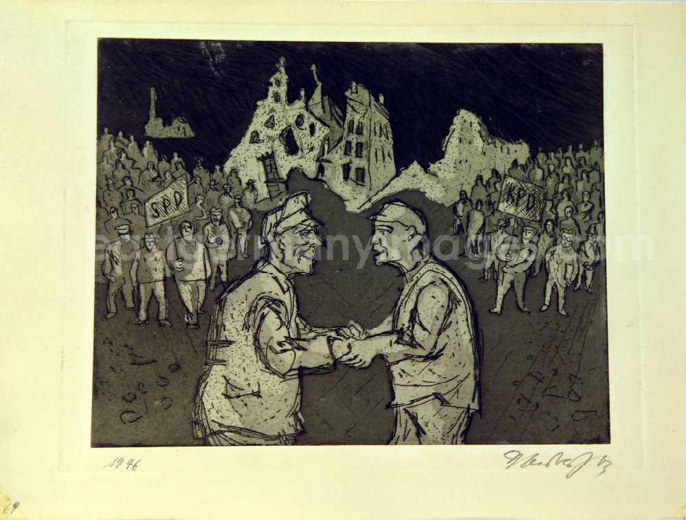 Berlin: VG Bild-Kunst free black and white graphic 1946 from the cycle The Path as aquatint etchings, 19.5x24.5cm hand-signed. Two people shake hands; in the background left: group with SPD sign; in the middle: rubble, ruins of some houses; right: group with KPD sign. by the GDR artist Professor Herbert Sandberg in the Pankow district of Berlin East Berlin on the territory of the former GDR, German Democratic Republic