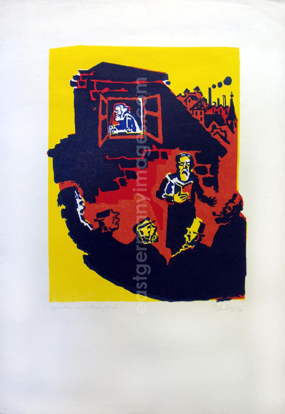GDR image archive: Berlin - Grafik von Herbert Sandberg Agitation und Propaganda aus dem Zyklus Die farbige Wahrheit mit 10 Farbdrucken (Linol- und Decelithschnitte) aus dem Jahr 1974, 28,9x37,2cm handsigniert, 8/2