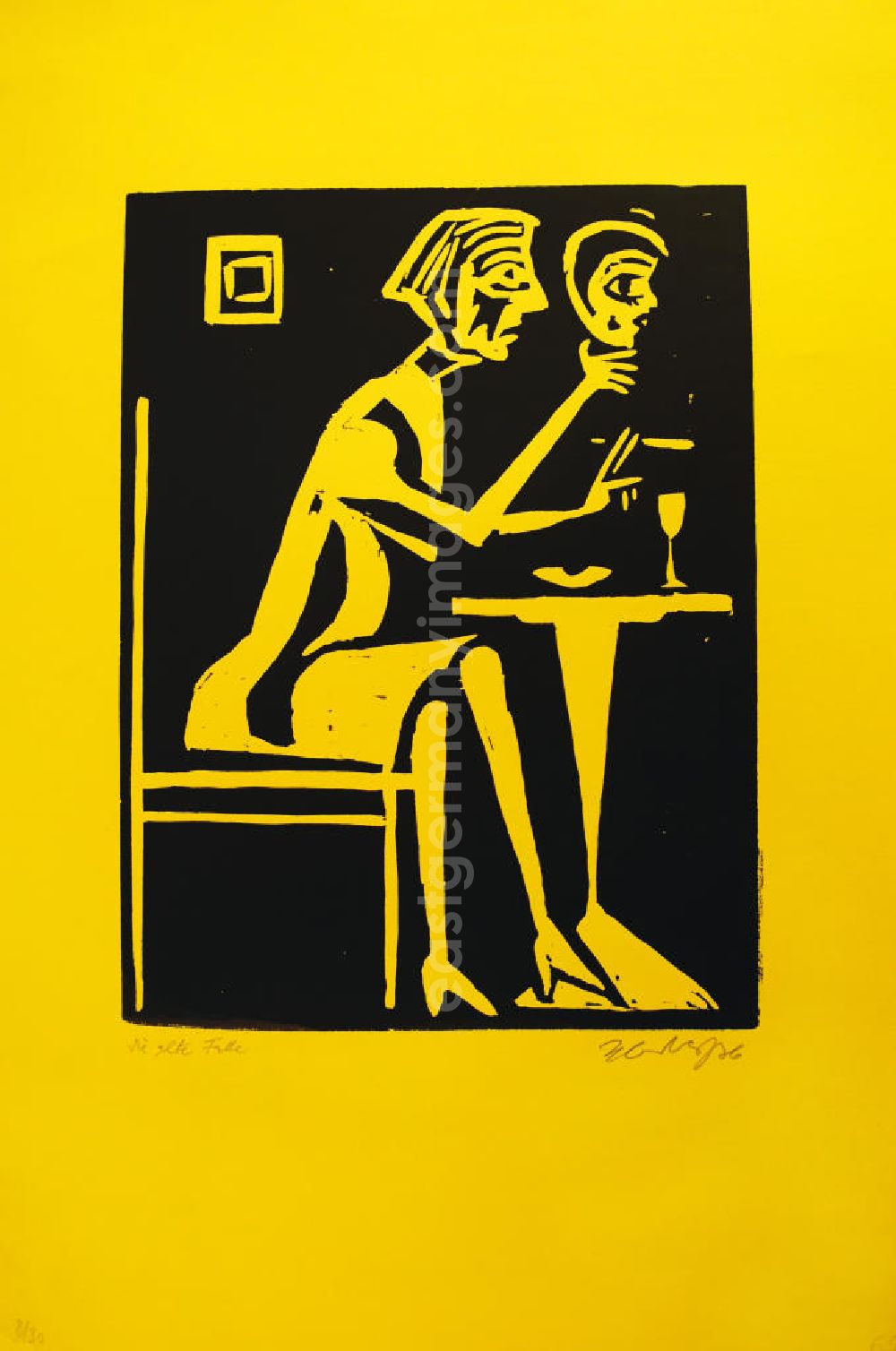 GDR image archive: Berlin - Grafik von Herbert Sandberg Die alte Falle/Die Maske aus dem Jahr 1976, 21,1x28,0cm Holzschnitt auf gelben Papier, handsigniert, 8/3