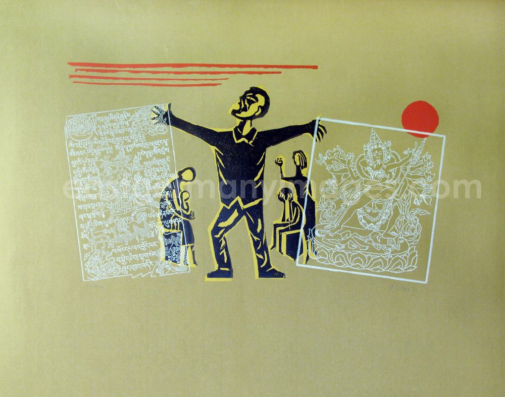 GDR image archive: Berlin - Grafik von Herbert Sandberg Asien aus dem Jahr 1979, 74,0x42,5cm vierfarbiger Holzschnitt auf erdfarbenem Papier, handsigniert, 1/1