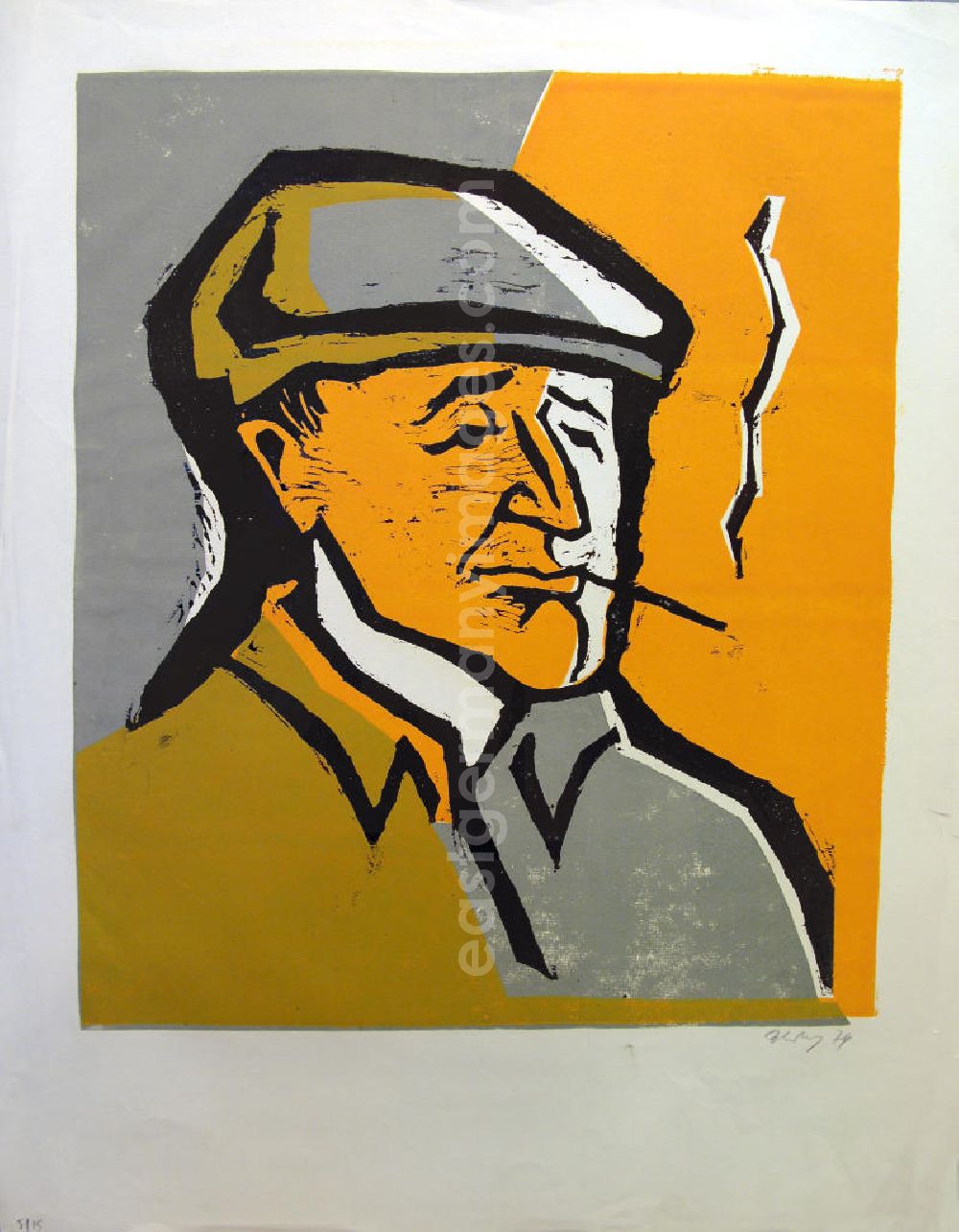 GDR image archive: Berlin - Grafik von Herbert Sandberg über Bertolt Brecht (*10.02.1898 †14.08.1956) b.b. (Brecht Porträt links, raucht) aus dem Jahr 1974, 36,8x42,