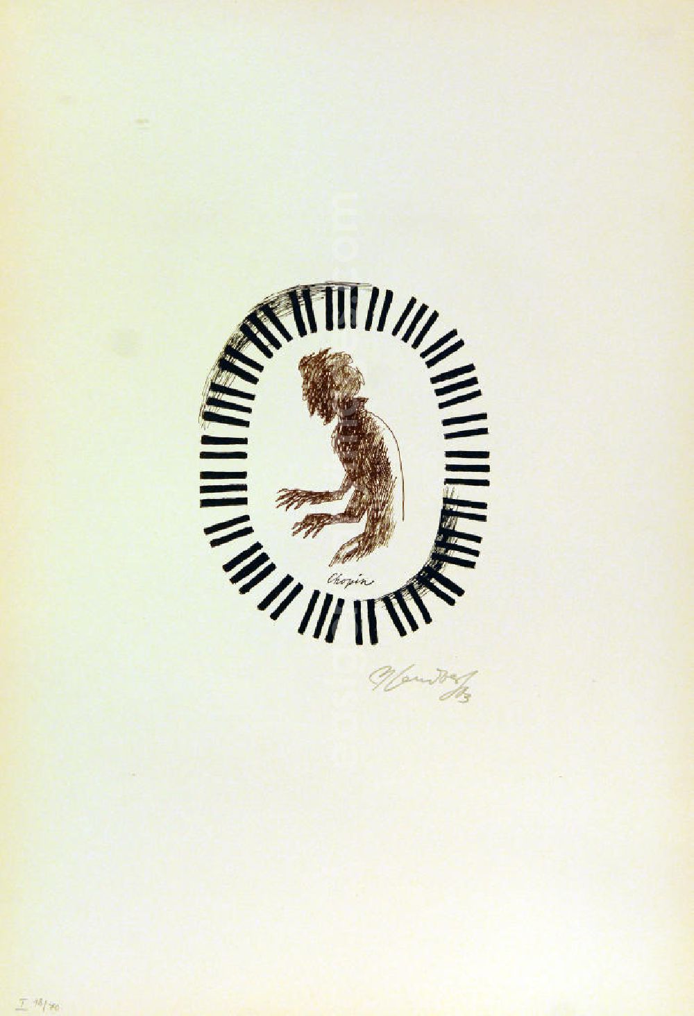 GDR image archive: Berlin - Grafik von Herbert Sandberg über Frédéric (Fryderyk) Chopin (*22.02.1810 †17.10.1849) Chopin aus dem Zyklus Meister der Musik aus dem Jahr 1963, 15,8x19,3cm Farblithographie, handsigniert, I 18/7
