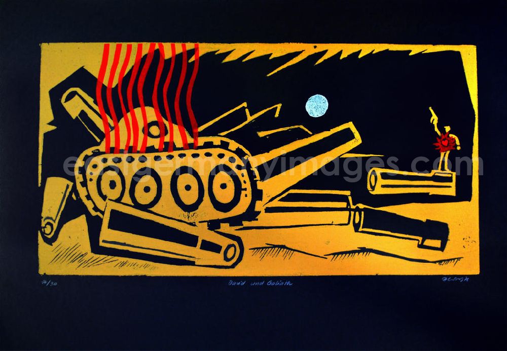 GDR photo archive: Berlin - Grafik von Herbert Sandberg David und Goliath aus dem Jahr 1976, 84,3x44,5cm dreifarbiger Holzschnitt auf schwarzem Papier, handsigniert, 16/3