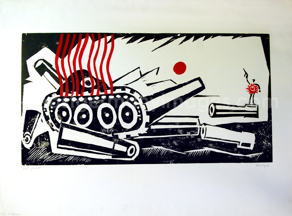 GDR picture archive: Berlin - Grafik von Herbert Sandberg David und Goliath aus dem Jahr 1976, 84,3x44,5cm zweifarbiger Holzschnitt auf hellem Papier, handsigniert, 10/1