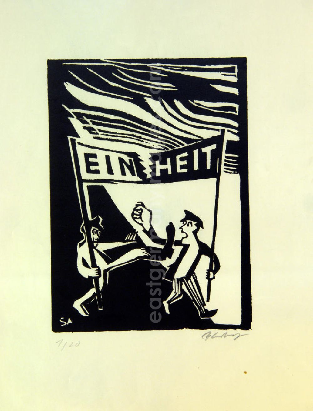 Berlin: Grafik von Herbert Sandberg Einheit aus dem Jahr 1948, 21,7x10,8cm Holzschnitt, handsigniert, 1/2