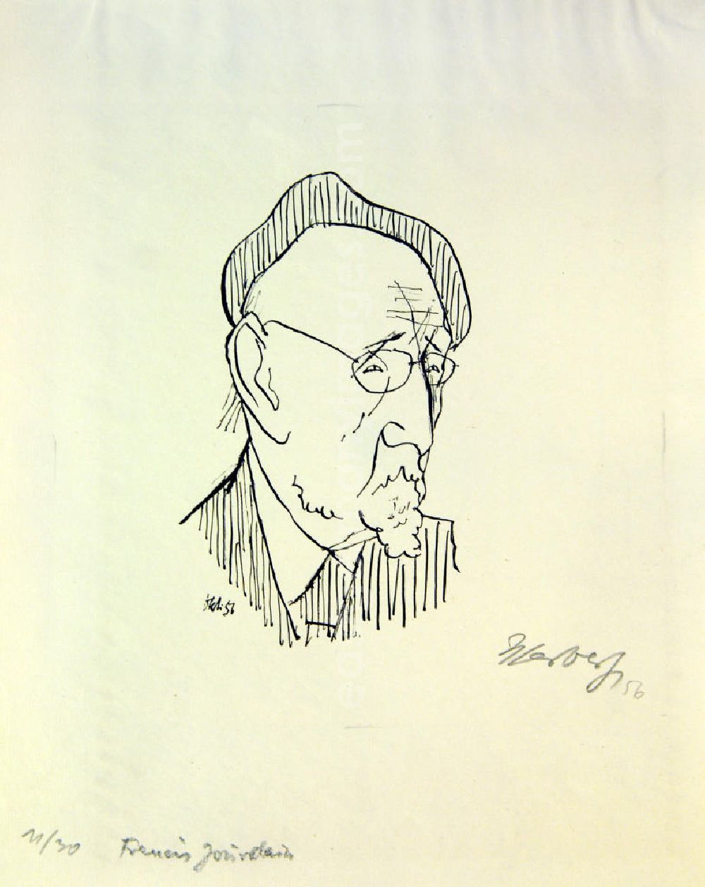 Berlin: Grafik von Herbert Sandberg über den französischen Kunstschriftsteller Francis Jourdain (*1876 †1958) Francis Jourdain aus dem Jahr 1956, 16,5x9,5cm Lithographie, handsigniert, 11/3