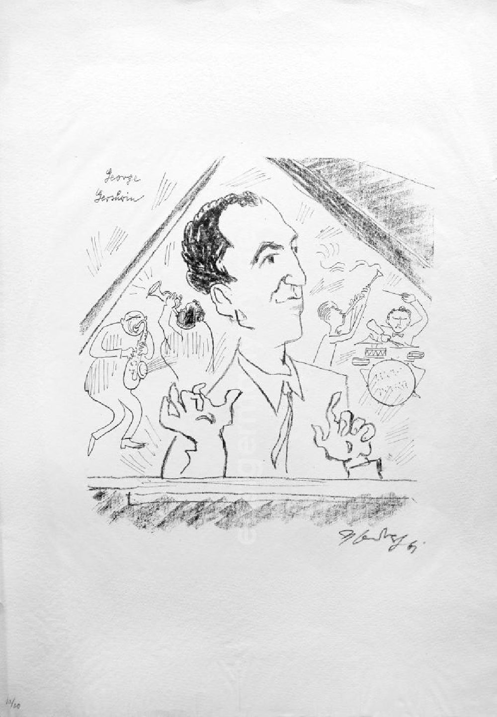 Berlin: Grafik von Herbert Sandberg übder den amerikanischen Komponist, Pianist und Dirigent George Gershwin (*26.09.1898 †11.07.1937) George Gershwin aus dem Jahr 1961, 29,7x30,9cm Lithographie (Kohle und Feder), handsigniert, 10/2