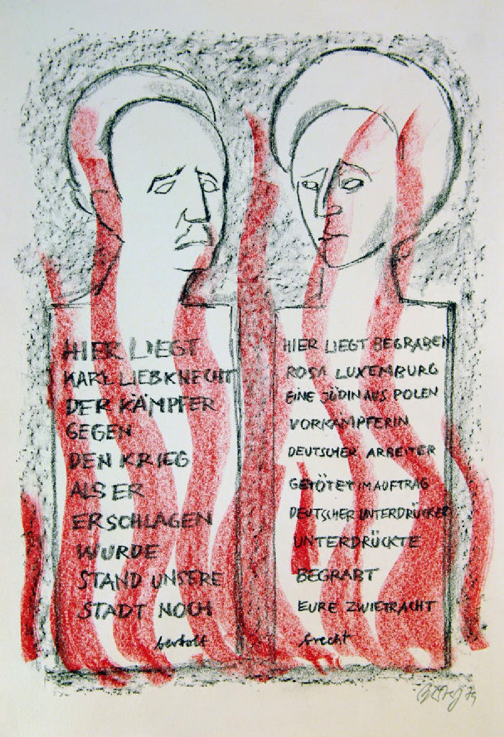 GDR picture archive: Berlin - Grafik von Herbert Sandberg Grabschriften für Karl und Rosa aus dem Jahr 1979 (Gedenken an Karl Liebknecht *13.08.1971 † 15.01.1919 und Rosa Luxemburg *05.03.1971 † 15.01.1919) , 30,0x41,