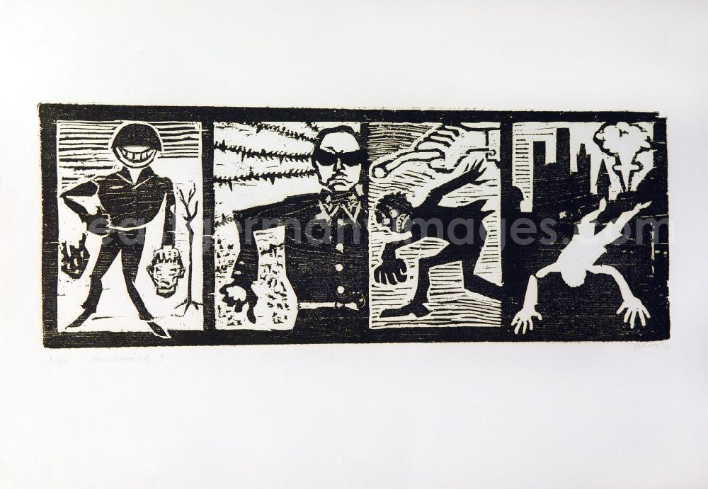 Berlin: Grafik von Herbert Sandberg Menschenrechte 2 aus dem Zyklus Menschenrechte aus dem Jahr 1977, 88,0x33,4cm Holzschnitt, handsigniert, 3/2