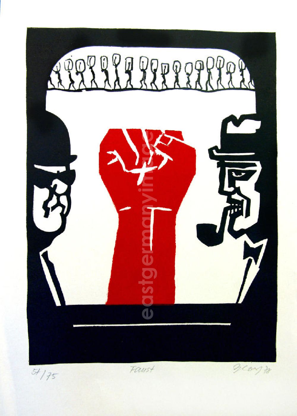 Berlin: Grafik von Herbert Sandberg Motiv 10 aus dem Zyklus Bilder zum Kommunistischen Manifest aus den Jahren 1967-72 mit 3