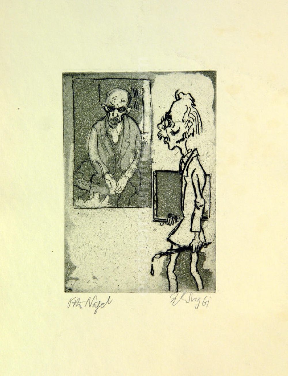 GDR picture archive: Berlin - Grafik von Herbert Sandberg über Otto Nagel (*27.09.1894 †12.07.1967) Otto Nagel aus dem Jahr 1961, 16,5x11,5cm Aquatinta, handsigniert, 28/5