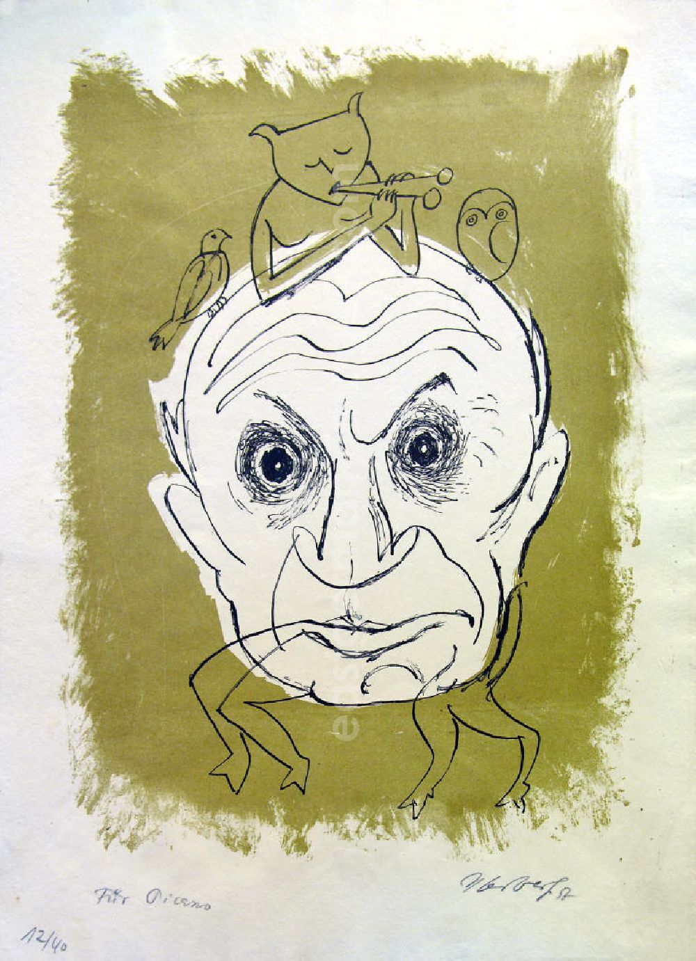 Berlin: Grafik von Herbert Sandberg über Pablo Ruiz Picasso (*25.10.1881 †08.04.1973) Für Picasso aus dem Jahr 1957,25,4x34,5cm Farblithographie, handsigniert, 12/4