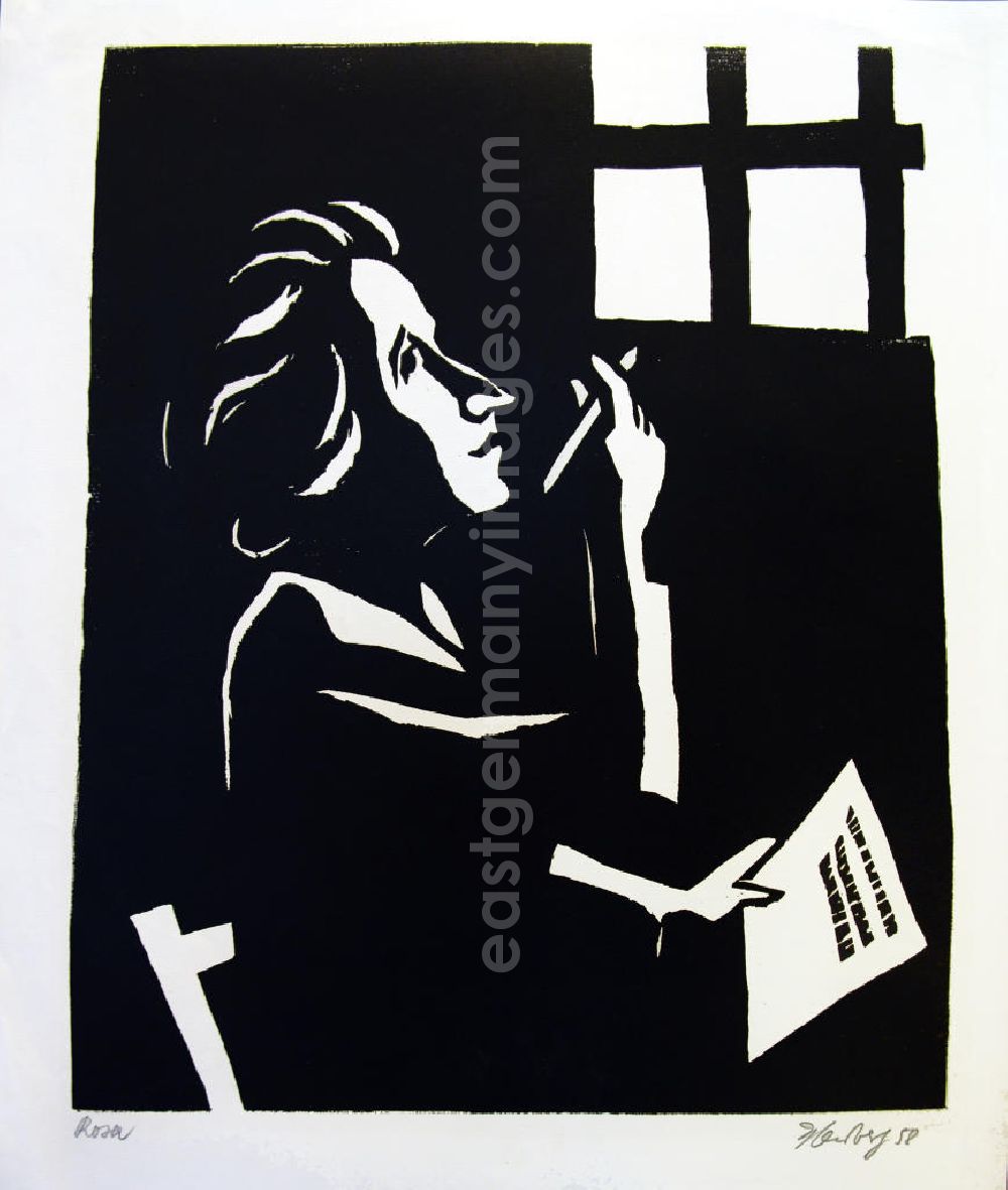 GDR image archive: Berlin - Grafik von Herbert Sandberg über Rosa Luxemburg (*05.03.1871 †15.01.1919) Rosa (Im Gefängnis) aus dem Jahr 1958, 36,6x44,