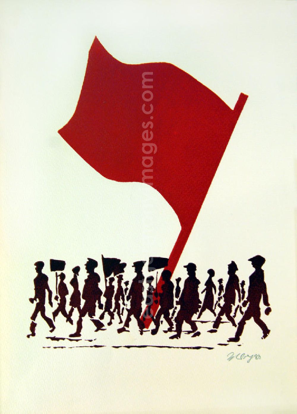 Berlin: Grafik von Herbert Sandberg (abgewandeltes Motiv von Blatt 3 der Mappe „Kommunistisches Manifest“, statt Rikscha eine rote Fahne Rote Fahne / Flagge) aus dem Jahr 1980, 29,