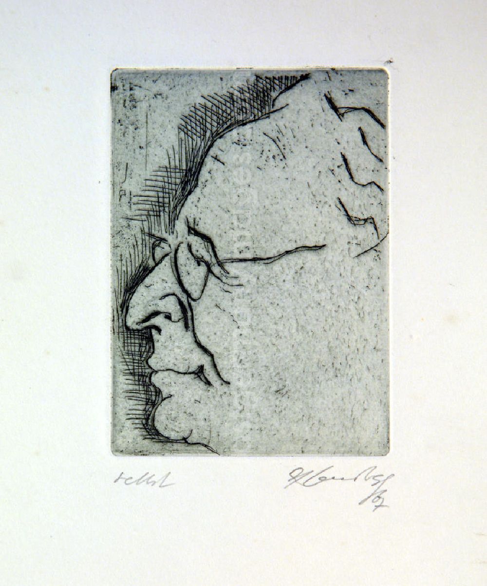 Berlin: Grafik von Herbert Sandberg Selbst (Selbstbildnis im Profil nach links) aus dem Jahr 1967, 7,0x9,8cm Radierung, handsigniert, 5/2