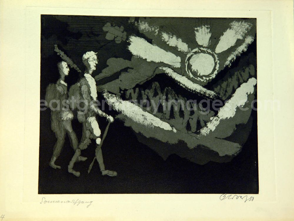 GDR picture archive: Berlin - Grafik von Herbert Sandberg 4 Sonnenaufgang aus dem Zyklus Der Weg mit 7
