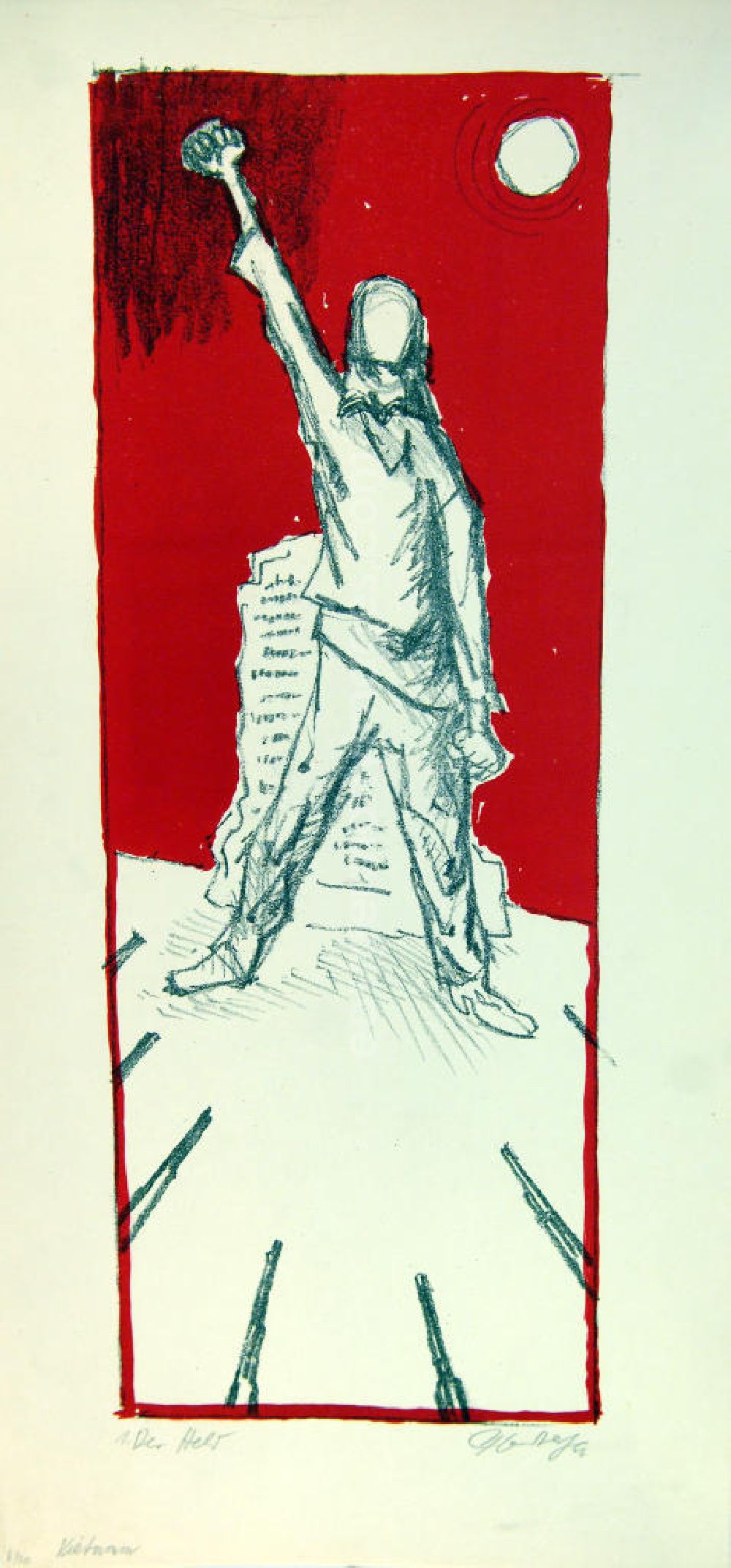Berlin: Grafik von Herbert Sandberg Vietnam 1. Der Held aus dem Jahr 1966, 47,0x18,0cm Farb-Lithographie, handsigniert, 6/2