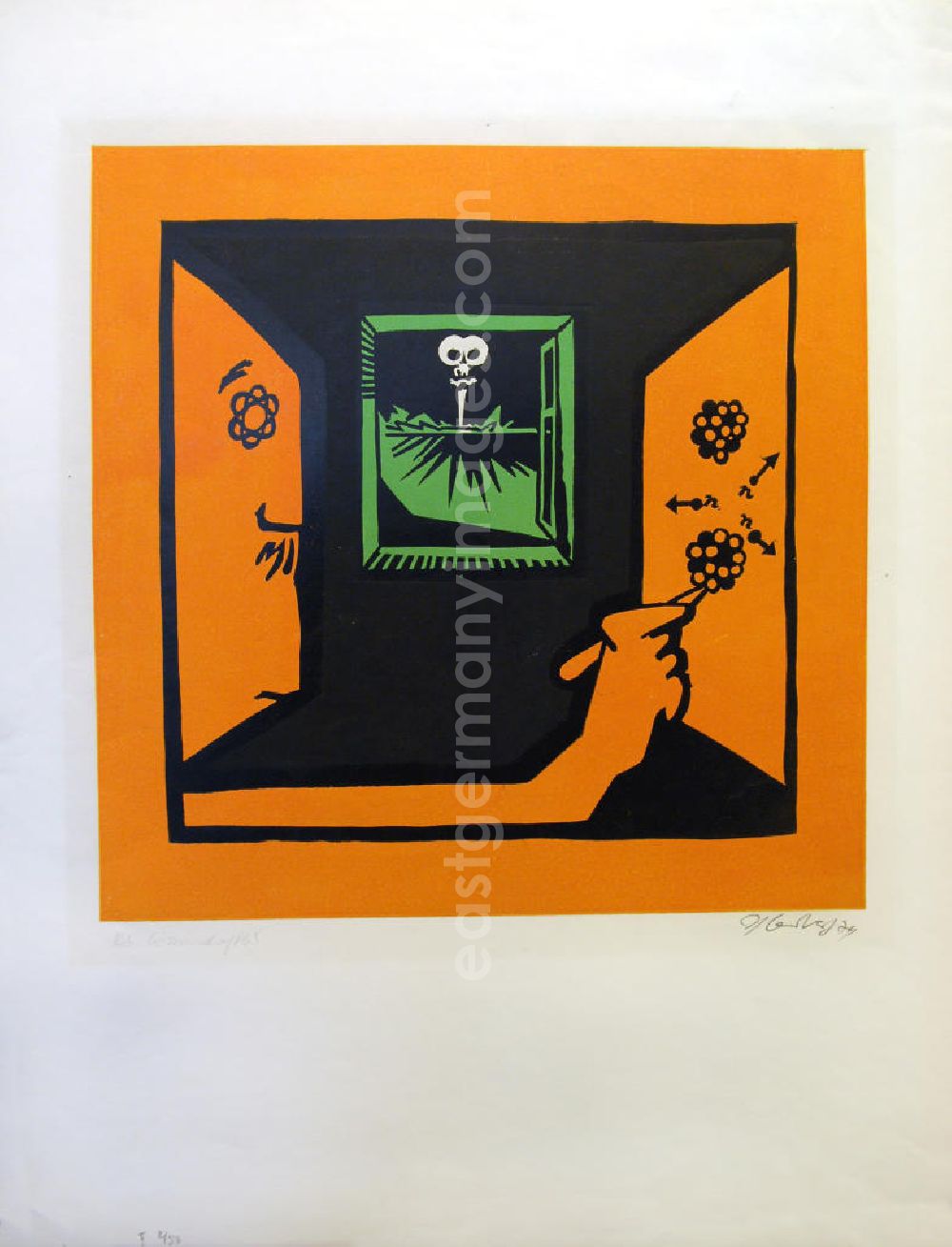 GDR image archive: Berlin - Grafik von Herbert Sandberg Der Wissenschaftler aus dem Zyklus Die farbige Wahrheit mit 10 Farbdrucken (Linol- und Decelithschnitte) aus dem Jahr 1974, 34,0x34,0cm handsigniert, II 2/5