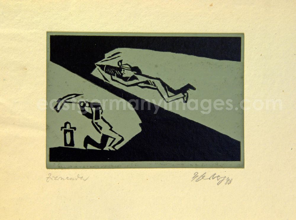 Berlin: Grafik von Herbert Sandberg Zueinander aus dem Jahr 1948, 12,2x19,5cm Holzschnitt, handsigniert. Scheinbar unter der Erde; links unten: Person meißelt sich durch Gestein; rechts dadrüber: Person bohrt sich in entgegengesetzter Richtung durch Gestein.