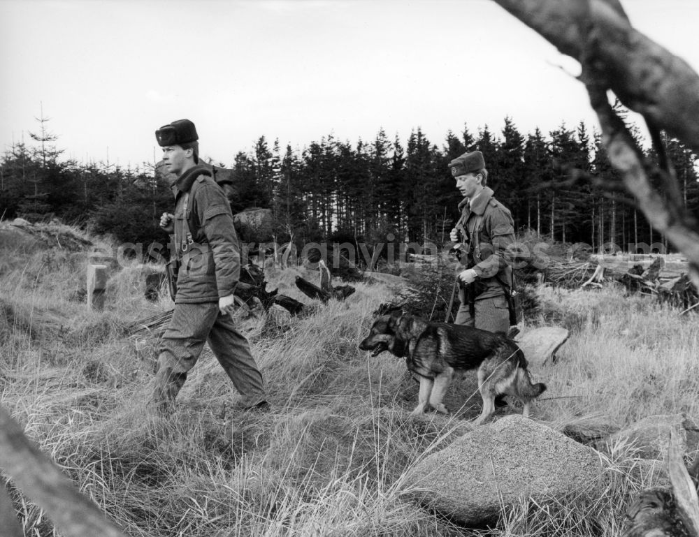 GDR photo archive: Abbenrode - Border Patrol with dog near Abbenrode in today's federal state of Saxony-Anhalt. Here to see a pair of guards, equipped with machine gun AK-47