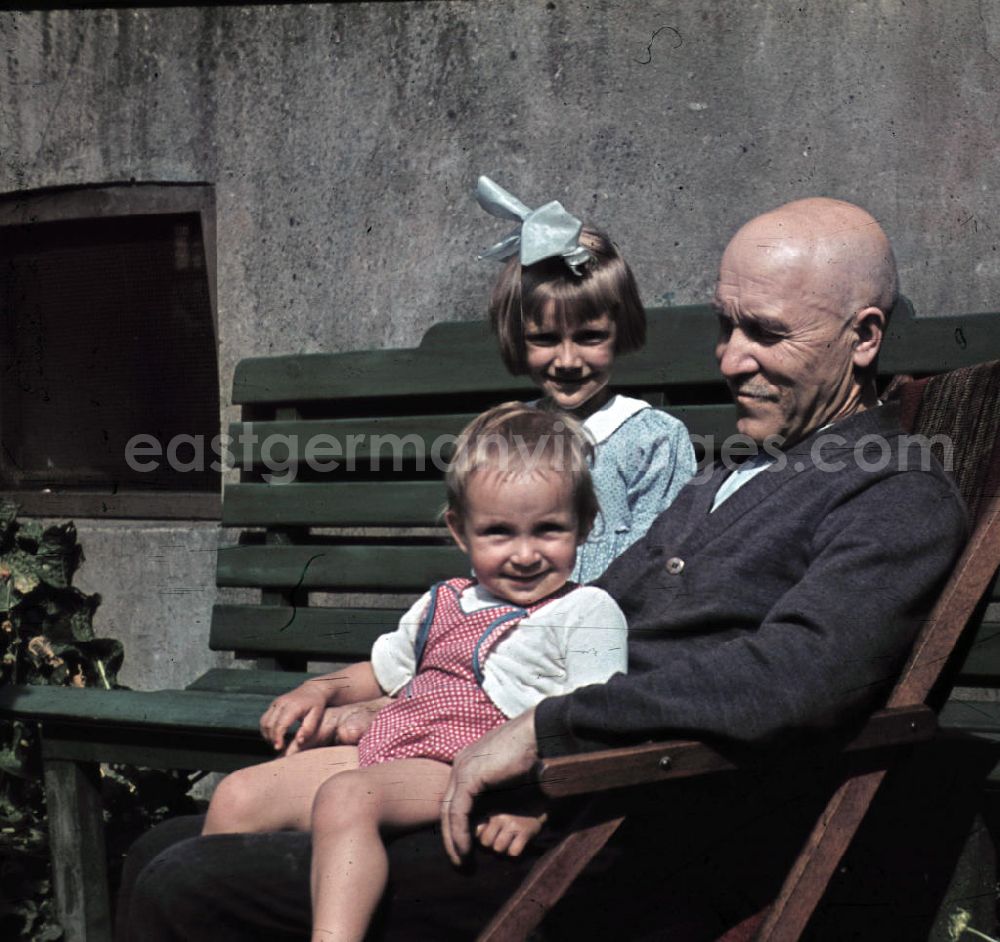 GDR photo archive: Siegen - Kinder sitzen beim Großvater im Garten. Childrens sitting by the grandfather in the garden.