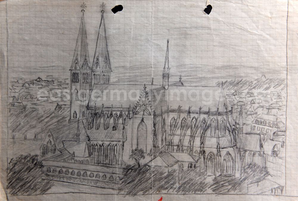 GDR photo archive: Halberstadt - VG picture free work: pencil drawing Halberstaedter Dom by the artist Siegfried Gebser in Halberstadt in the state Saxony-Anhalt on the territory of the former GDR, German Democratic Republic