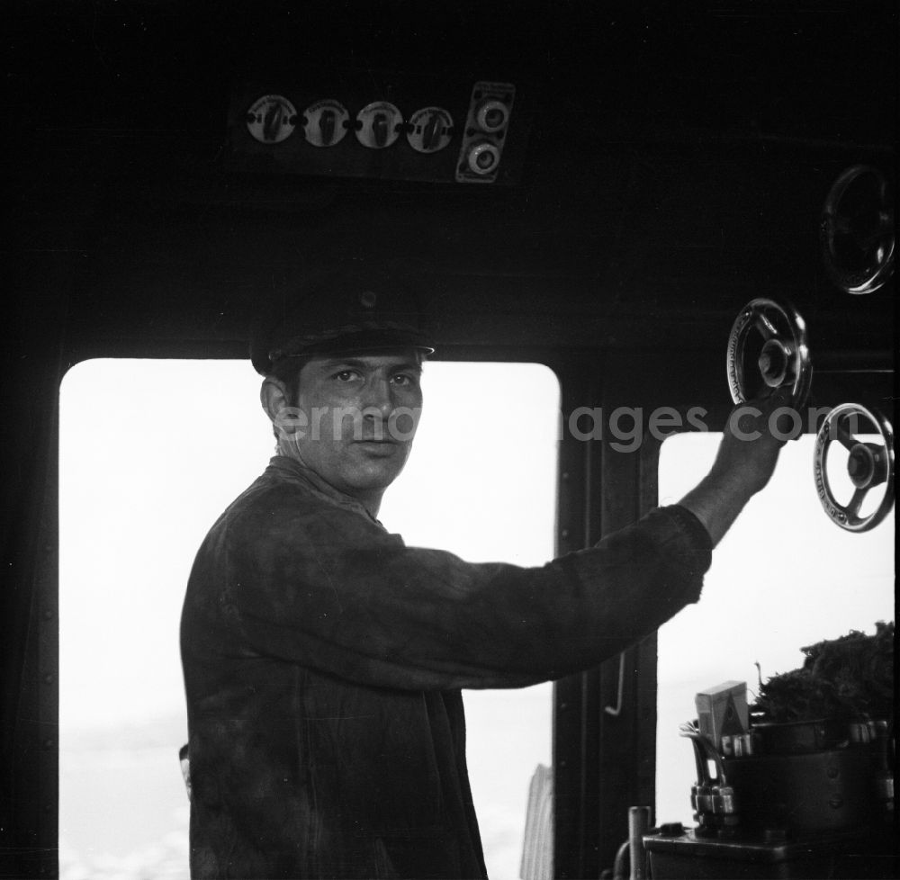 Halberstadt: Portrait shot a stoker in the driver's cab of a class steam locomotive 41 1116 in Halberstadt in the state Saxony-Anhalt on the territory of the former GDR, German Democratic Republic