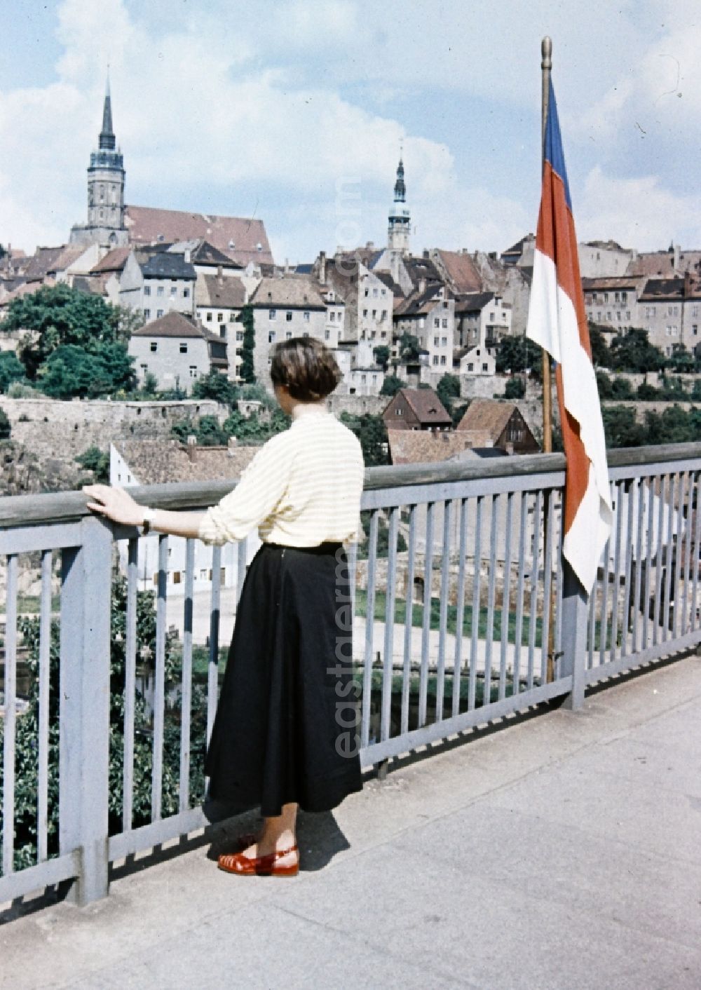 GDR image archive: Bautzen - Woman on bridge on historic old town in the center in Bautzen in the state Saxony on the territory of the former GDR, German Democratic Republic