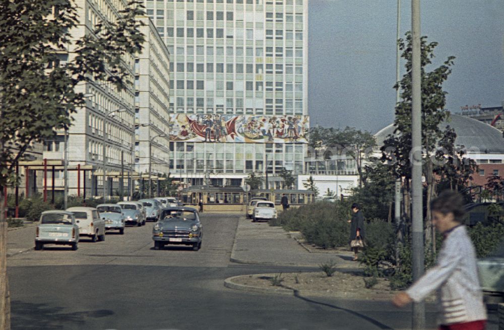 GDR image archive: Berlin - Street view of a high-rise building front Haus des Lehrers in the district Mitte in Berlin Eastberlin on the territory of the former GDR, German Democratic Republic
