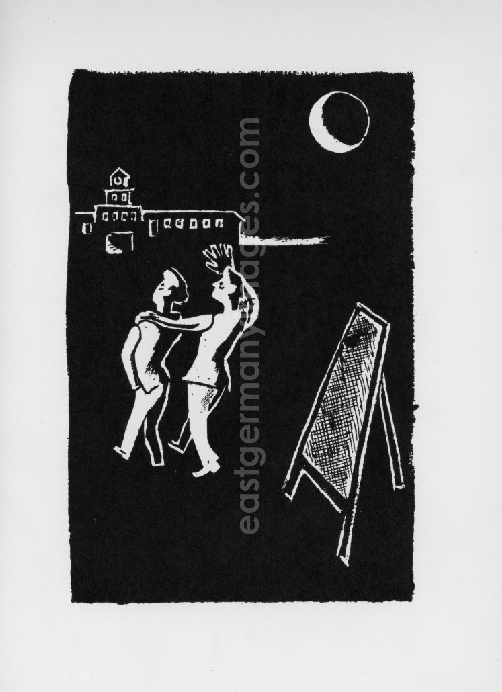 GDR picture archive: Berlin - Woodcut Die Zukunft by Herbert Sandberg. Two men walk in the moonlight together towards the gate to the Buchenwald Concentration Camp. One puts his left arm around the other and waving his right arm towards the gate. Next to them is a soil sieve