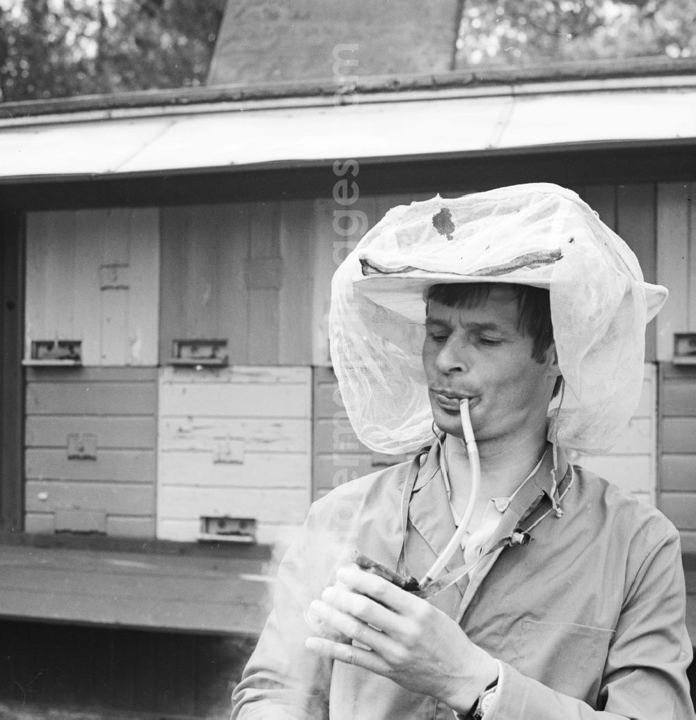 GDR picture archive: Glöwen, Plattenburg - Beekeepers Beekeepers with helmet and aluminum smoke blower in front of his bee wagons in Gloewen in plate castle in what is now the state of Brandenburg