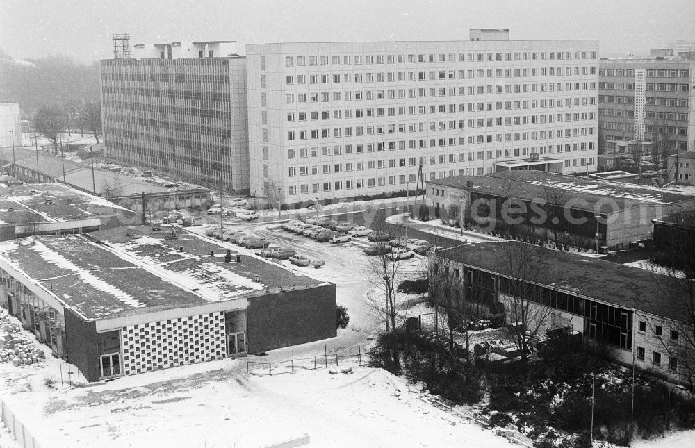 GDR photo archive: Berlin - Industrial area / industrial area in the Storkower street in Berlin, the former capital of the GDR, German democratic republic. In the background the office house of the state-owned foreign trade of company (AHB) chemistry export import