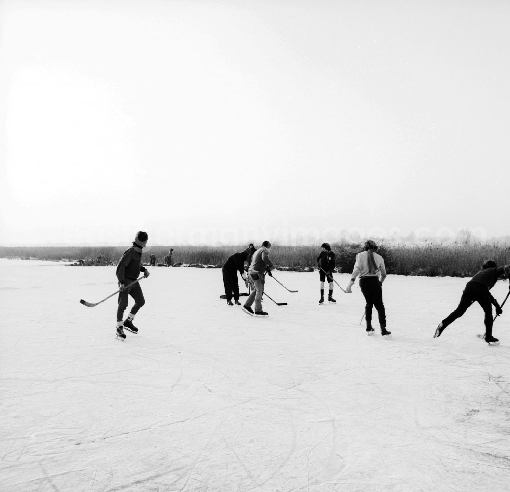 GDR photo archive: Mittenwalde - Teenagers playing hockey on a frozen lake in Mittenwalde in Brandenburg on the territory of the former GDR, German Democratic Republic