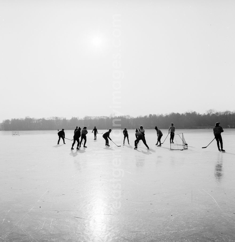 GDR photo archive: Zossen - Youngsters play ice hockey on the frozen Motzener See in Zossen in the federal state Brandenburg on the territory of the former GDR, German Democratic Republic
