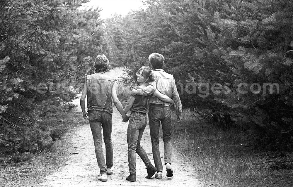 GDR image archive: Borkheide - Young couple on a walk in a forest in Borkheide in the state Brandenburg on the territory of the former GDR, German Democratic Republic
