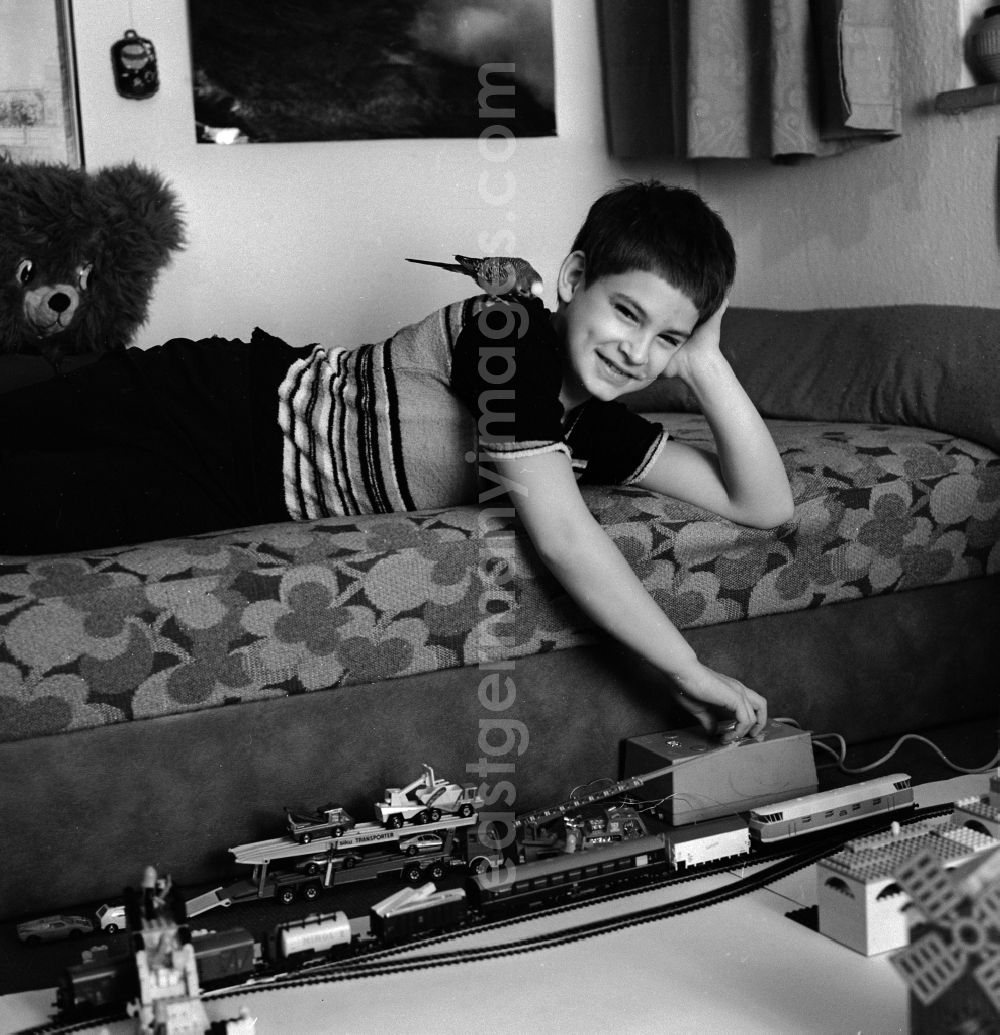GDR image archive: Berlin - A boy playing with his model railway in his nursery in Berlin, the former capital of the GDR, the German Democratic Republic. His pet, a budgie, sitting on his back and looks on
