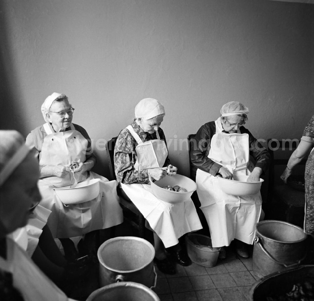 GDR picture archive: Leipzig - Senior citizens are peeling potatoes in a kitchen in the Andersen-Nexoe-Heim in Leipzig in the federal state of Saxony on the territory of the former GDR, German Democratic Republic
