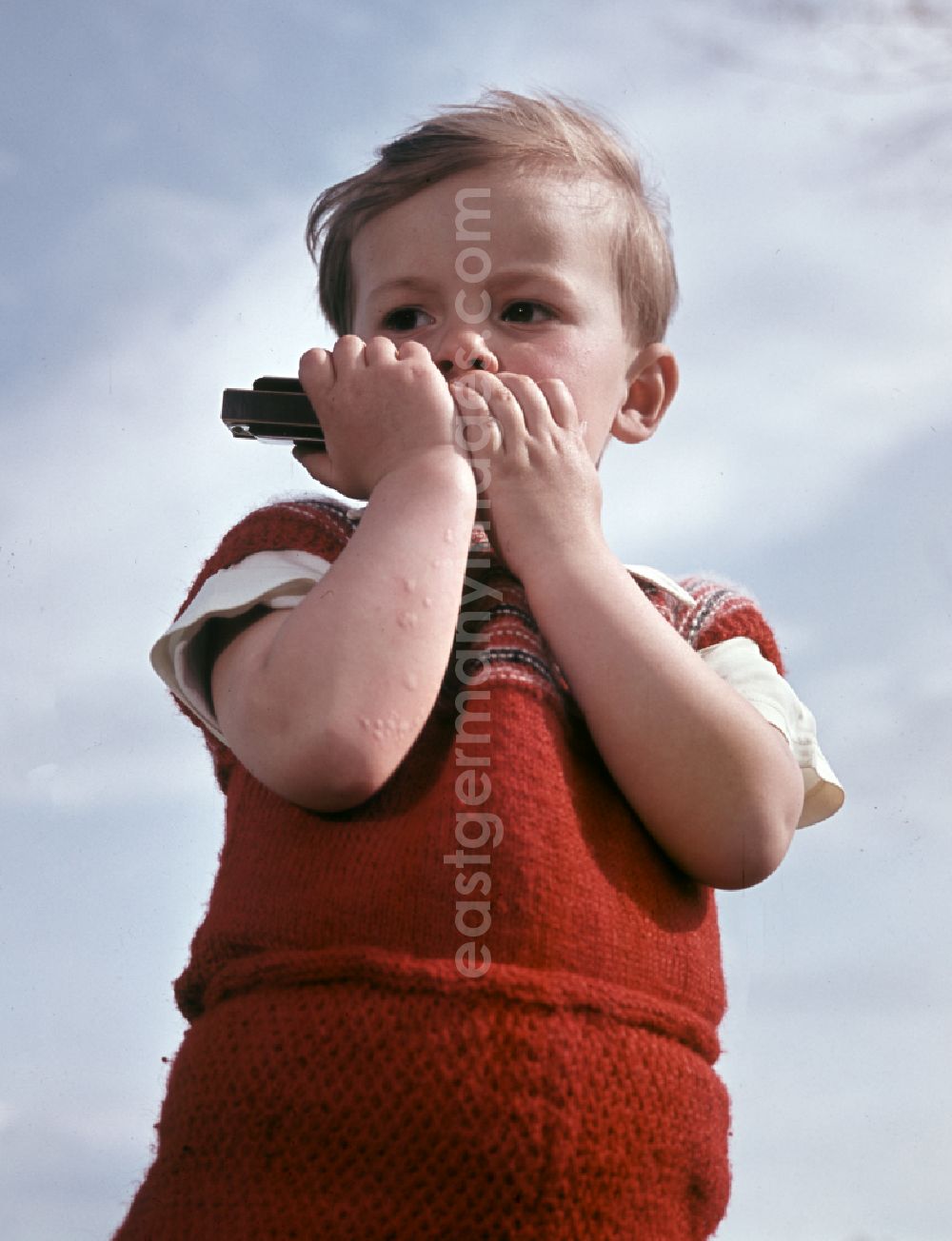 GDR picture archive: Coswig - A little boy plays a harmonica in Coswig, Saxony in the territory of the former GDR, German Democratic Republic
