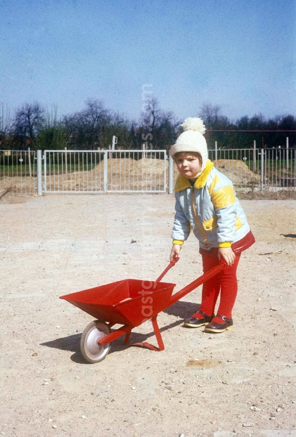 GDR picture archive: Neustrelitz - Child with a red barrow and poodle's cap in Neustrelitz in the federal state Mecklenburg-West Pomerania in the area of the former GDR, German democratic republic