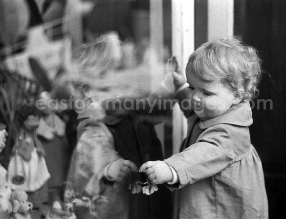 Dresden: Das will ich haben! - Ein kleines Mädchen schaut neugierig durch das Schaufenster eines Dresdner Spielwarengeschäftes und zeigt auf die ausgestellten Puppen und Plüschtiere. (Bestmögliche Qualität nach Vorlage)
