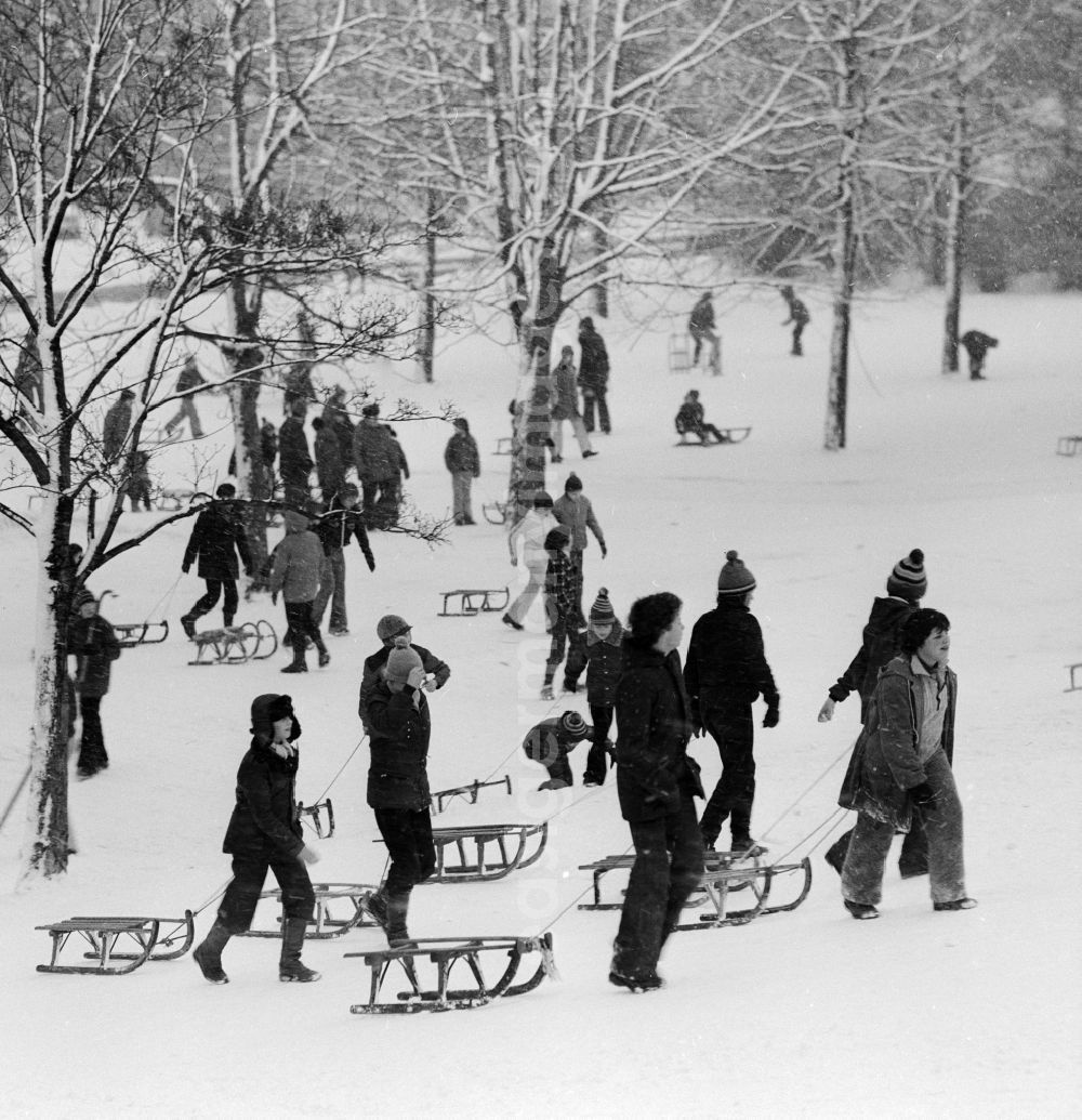GDR picture archive: Berlin - Children on a toboggan hill with sledge in Berlin