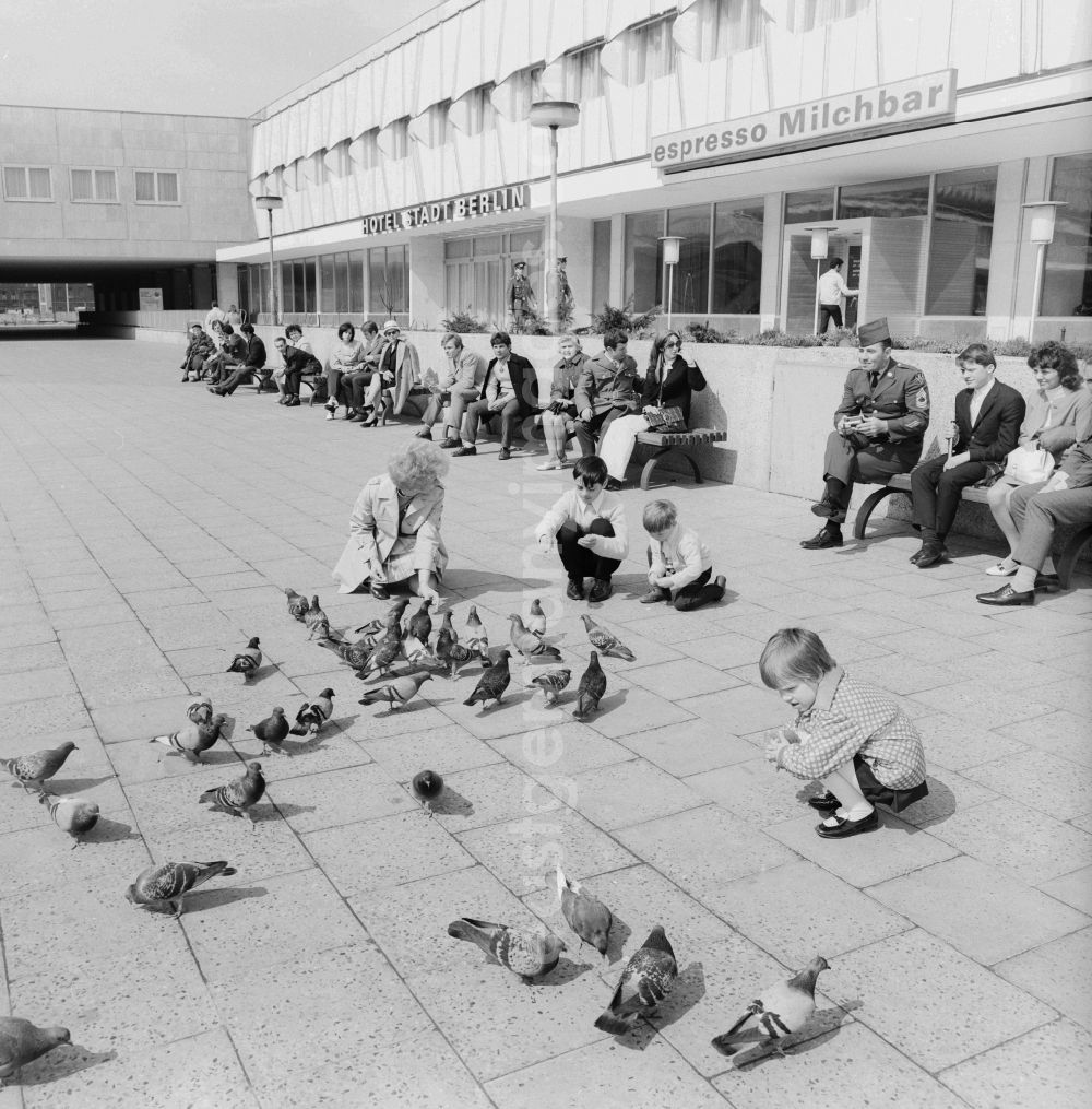 GDR photo archive: Berlin - Children feeding pigeons on the Alexanderplatz in Berlin. At The Edge Of sitting tourists and Berlin on benches and watch. In the background the espresso milk bar and the back entrance from the hotel Berlin