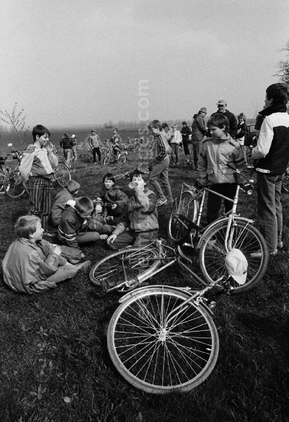 GDR picture archive: Erfurt - Die Klasse einer Schule im Bezirk Erfurt besucht bei einem Pioniernachmittag mit dem Fahrrad die Patenbrigade in einer Landwirtschaftlichen Produktionsgesnossenschaft (LPG). Auf dem Feld wird eine Pause / Rast gemacht.