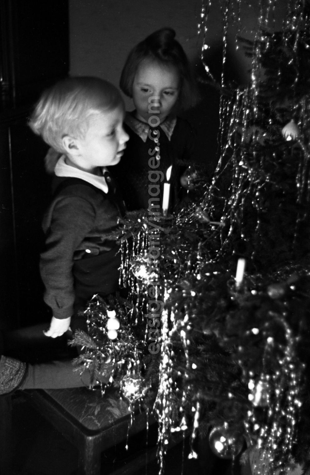 GDR picture archive: Merseburg - Children stand beaming before the Christmas tree in Merseburg in the federal state Saxony-Anhalt in Germany