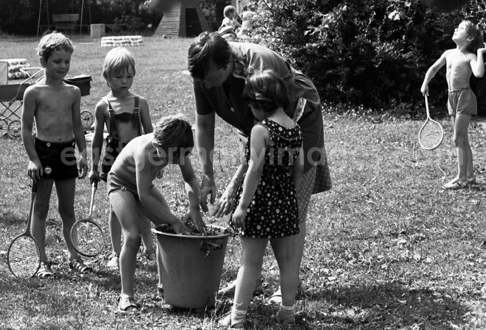 GDR photo archive: Berlin - Children in the garden of the kindergarten in summer collecting leaves in a bucket together with the nursery nurse in Berlin Eastberlin on the territory of the former GDR, German Democratic Republic
