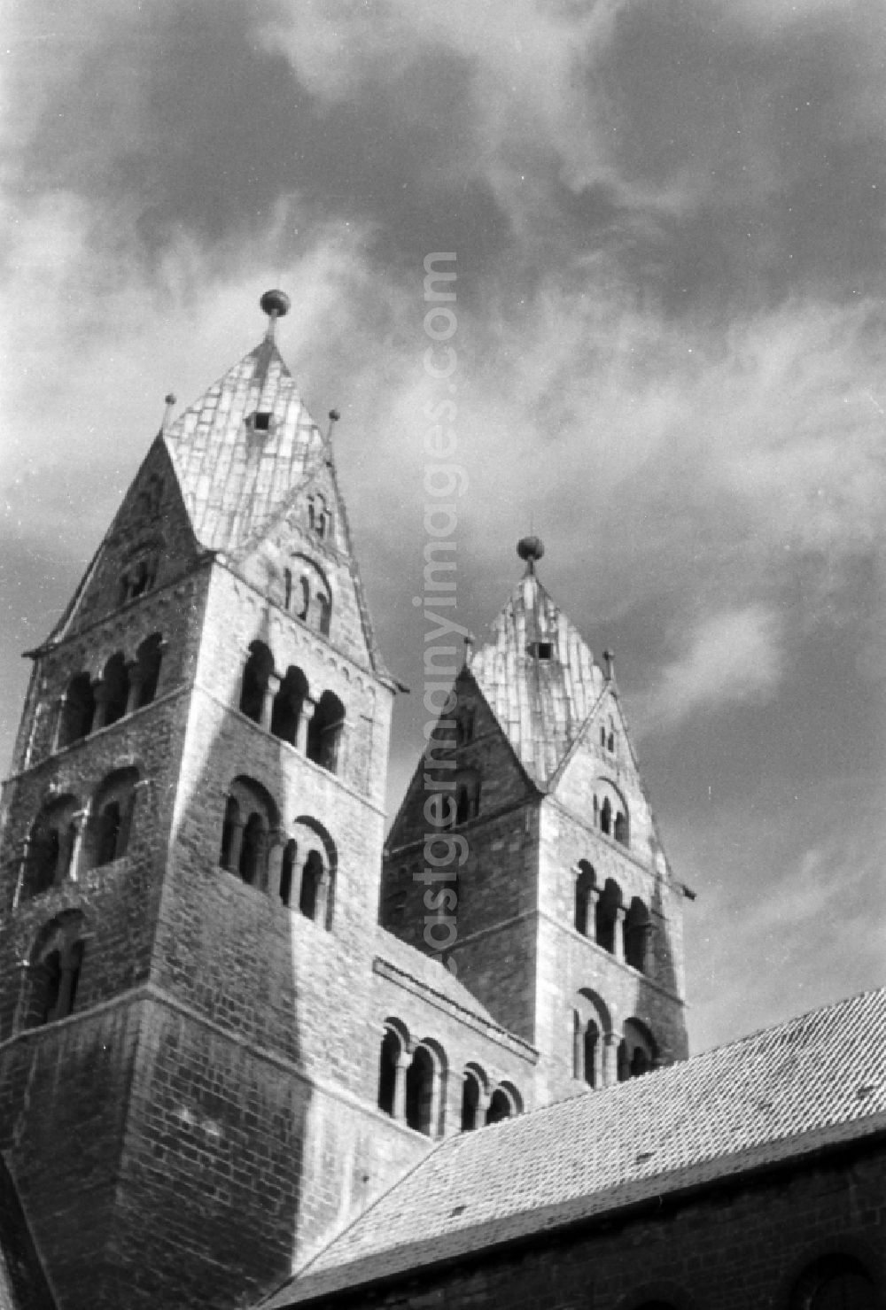 Halberstadt: Facade and roof of the sacral building of the church West Towers of the Church of Our Lady in Halberstadt in the state Saxony-Anhalt on the territory of the former GDR, German Democratic Republic