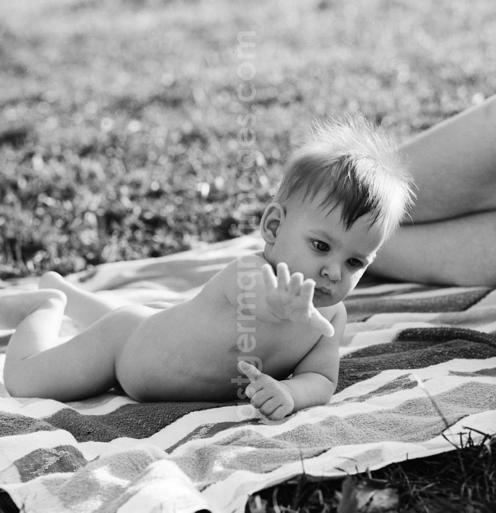 GDR picture archive: Berlin - Small child naked on a blanket in Berlin