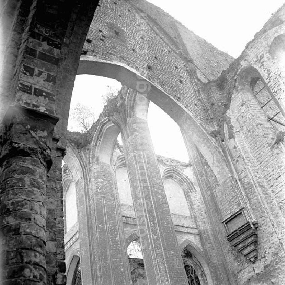 GDR picture archive: Dargun - Blick nach oben, in die Ruine der Klosterkirche vom 1172 gegründeten Zisterzienserkloster. Nach der Säkularisierung Ende 16.Jahrhundert wurde das Kloster durch das Fürstentum Mecklenburg-Güstrow in 20