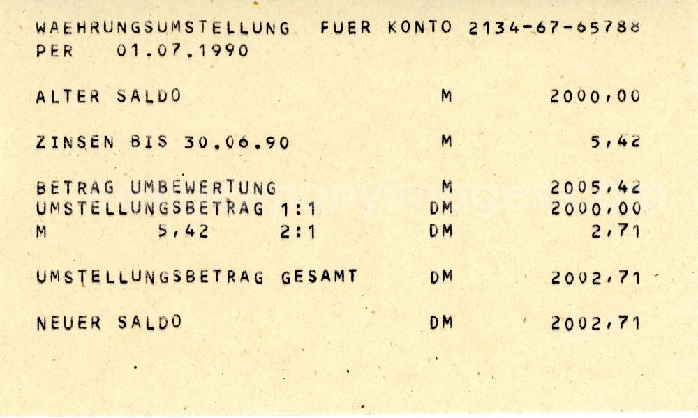GDR photo archive: Potsdam - Reproduction of account statements for GDR citizens for monetary union issued in Potsdam in the state of Brandenburg in the area of ??the former GDR, German Democratic Republic