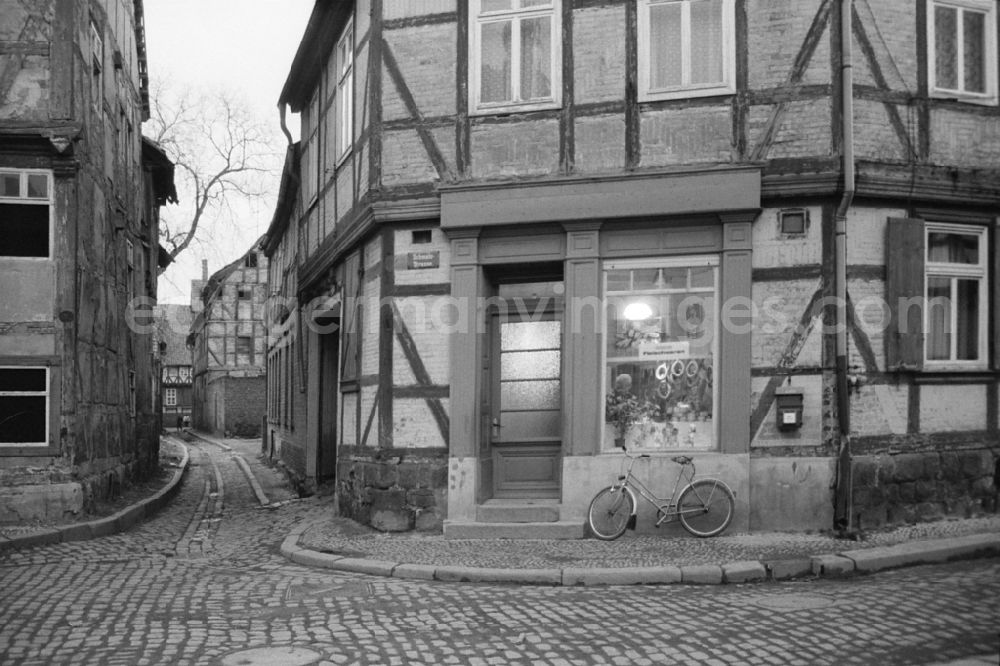 Seeland: Entrance area and shop window of a retail storefor meat products on street Unter dem Turm in Seeland, Saxony-Anhalt on the territory of the former GDR, German Democratic Republic
